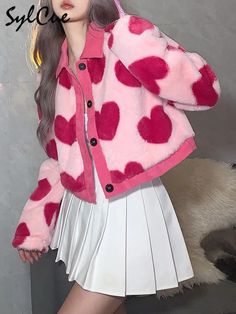 Pink Heart All-Match Love Coat Pink Heart Print, Plush Jacket, Fashion Preppy, Jacket Women, Fall Looks, Heart Print, Preppy Style, Pink Heart, Pink Girl