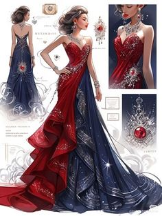 Red And Blue Dress Gowns, Red And Blue Gown, Fantasy Dresses Drawing, Dresses Anime, Fantasy Dress Design, Design Moda