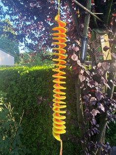 a tall yellow flower hanging from a tree