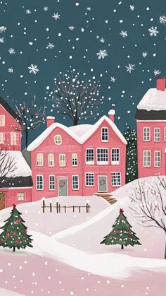 a painting of houses in the snow with trees on each side and stars above them