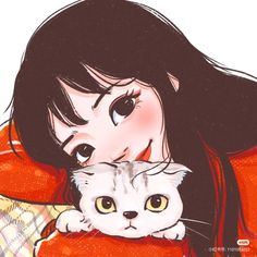 a drawing of a woman holding a cat in her arms and looking at the camera