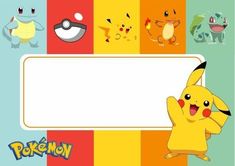 an image of pokemon characters with a sign in front of them on a colorful background