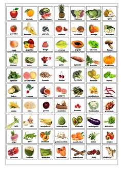 an image of fruits and vegetables in the english language, with pictures on each side