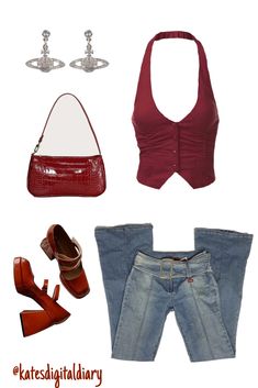 Low Waist Jeans Outfit 2000s, Red Tank Top Outfit, Red Purse Outfit, Red Heels Outfit, Dancing Outfit, Outfit Dance, Aesthetic Outfits Y2k, 2000s Outfit, Outfits 2000s