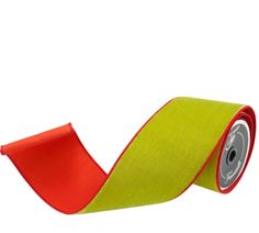 a roll of red and green ribbon on a white background