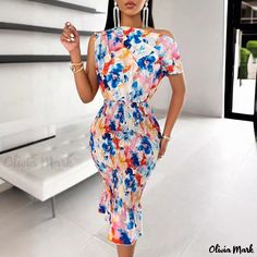 Olivia Mark - Printed Casual Off-Shoulder Bodycon Dress Off-shoulder Bodycon Dress For Summer Day Out, Fitted Knee-length Off-shoulder Summer Dress, Summer Stretch Off Shoulder Dress, Summer Stretch Off-shoulder Dress, Fitted Knee-length Off Shoulder Summer Dress, Fitted Knee-length Off Shoulder Dress For Summer, Casual Off-shoulder Bodycon Dress For Summer, Casual Fitted Sleeveless Off Shoulder Dress, Summer One Shoulder Fitted Midi Dress