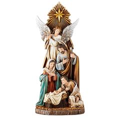 a statue of the virgin mary and baby jesus with angels on it's back