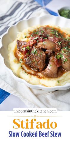 a close up of a plate of food on a table with text overlay that reads, strado slow cooked beef stew