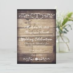 Rustic Barn Wood Double Hearts Wedding Invitations