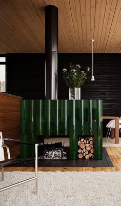 a living room filled with furniture and a fire place in front of a wooden ceiling