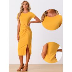 A unique twist front at the waist creates stunning curves and draws out your waistline, making you more beautiful, fashionable, and elegant. This stretch pencil dress features a split hem, and its perfect knee length shows your long legs and adds more charming to this casual office dress. This timeless midi dress can be perfect for Work, Business, Office, Formal, Club, Cocktail Party, Vacation, and Daily Wear. Chic Fitted Midi Dress With Twist Front, Fitted Midi Dress With Twist Front, Office Dresses, Office Casual, Twist Front, Split Hem, Pencil Dress, Cocktail Party, Yellow Dress