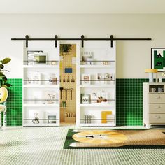 a living room with green tile and white furniture in it's centerpieces