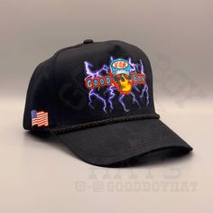 80s/90s Retro Vintage Style Black Trucker Rope Snapback Hat w/ a Custom Vintage Style Good Boy Hats Purple Lightning American Thunder USA! "Good Boy Lightning" * Black * One Size Fits Most * 5-Panel Cotton Twill * High Profile, 3 ¾" Structured Crown * Half-Moon, Retro Rope Cap * Snapback Closure **We try to provide every angle in the pictures so please read the description carefully of product listing, size, & fit description & measurements. Also please ask any questions about sizing prior to ordering if you are concerned. Follow us on IG for new items & updates @GoodBoyHat Vintage Black Baseball Cap With Flat Bill, Retro Black Baseball Cap With Flat Bill, Retro Black Trucker Hat For Streetwear, Retro Black Flat Bill Baseball Cap, Retro Black Snapback Hat For Streetwear, Black Retro Fitted Hat With Flat Brim, Vintage Black Dad Hat For Streetwear, Retro Black Snapback Baseball Cap, Retro Black Snapback Cap