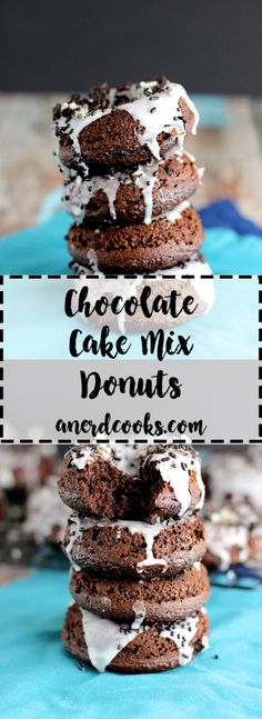 chocolate cake mix doughnuts stacked on top of each other with white frosting