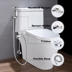 an image of a toilet with instructions on how to flush it and what to use the sprayer