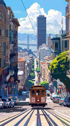 a painting of a cable car going down the street in san francisco, california usa