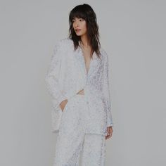 Super Cute Oversized Blazer! I Bought To Wear As A Second Outfit For My Wedding, But Didn’t Get The Chance To. Glamorous White Party Blazer, Glamorous Spring Wedding Blazer, White Sequined Long Sleeve Outerwear, Glamorous White Evening Outerwear, White Sequined Outerwear For Party, Elegant White Sequined Outerwear, Glamorous Spring Wedding Outerwear, Glamorous White Outerwear For Spring, Black Leather Blazer