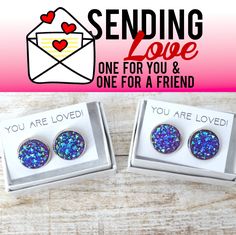 "This listing is one way to send your love! Even though you may be away from someone you love, you can still send happy mail their way to brighten their day and show your love! With this listing, you will get one set of stud earrings for you, and one set of stud earrings will be sent to the person of your choice! Each pair features a 12mm resin blue druzy center in a silver metal frame. While you're apart these studs can help you stay together in spirit! One pair of earrings will be sent to the Sending Love, Pink Mirror, Bleu Violet, Glitter Acrylics, Laser Cut Acrylic, Happy Mail, One Set, Custom Items, Jewelry Earrings Studs