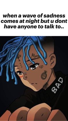 a cartoon character with blue hair and piercings on his face is looking at the camera