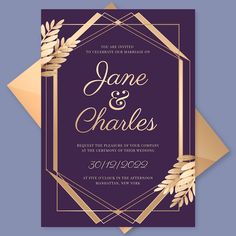 an elegant wedding card with gold foil and purple background