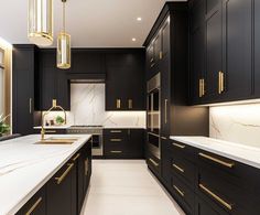 a large kitchen with black cabinets and white counter tops, gold trimmings on the doors