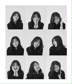 nine black and white images of young women with different facial expressions, all smiling at the same time