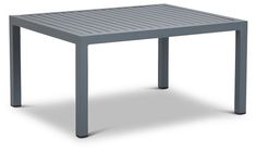 an outdoor table with metal legs and a grey plastic cover on the top, against a white background