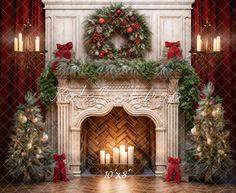 a fireplace decorated for christmas with candles and wreaths