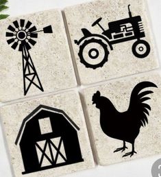 four coasters with farm scenes on them