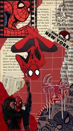 spiderman collage with newspaper clippings and photoshopped into the background