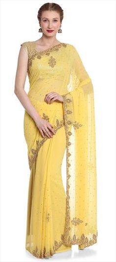 Yellow color Saree in Georgette fabric with Stone work Elegant Yellow Fitted Pre-draped Saree, Elegant Yellow Blouse Piece For Reception, Elegant Yellow Georgette Traditional Wear, Fitted Elegant Yellow Saree, Elegant Fitted Yellow Saree, Fitted Yellow Blouse Piece For Wedding, Elegant Yellow Georgette Saree, Yellow Georgette Blouse Piece For Wedding, Elegant Yellow Saree With Sheer Dupatta