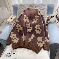 Style: commuting Size: one size Color: off white, coffee, green Cute Brown Sweater For Fall, Cute Brown Crew Neck Sweater, Bear Sweater, Little Bear, White Coffee, Throw Blanket, Off White, Japan, Coffee