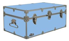 a large blue trunk sitting on top of a white floor next to a metal handle