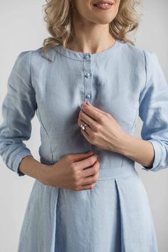 "Linen Dress, Casual Wedding Dress, Jazz Dress, Swing Dress. Every item is handmade to order and to your personal body measurements (made to measure). DESCRIPTION: Elegant linen dress -Fit and flare -Button down top -3/4 sleeves -Wide gatherings from the waist down -Pockets -Side zip -Handcrafted Color in the picture- sky blue. Other colors are available. ETHICALLY MADE. Every linen dress is handmade using the body measurements of the individual customer. No factory use. Every creative and sewin