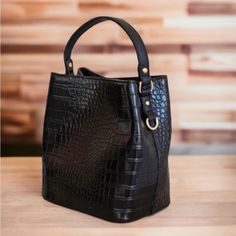 Nwt Aota Vegan Faux Croc Textured Leather Black Bucket Bag Detachable Strap Black Bucket Bag, Messanger Bag, Dooney And Bourke Disney, Jelly Bag, Black Bucket, Leather Camera Bag, Small Crossbody Purse, Side Bags, Coach Crossbody Bag