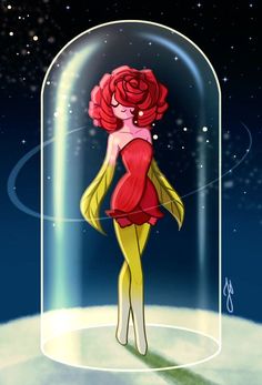 a drawing of a woman in a glass case with a red rose on her head