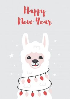 a white llama with red hearts on it's chest and the words happy new year