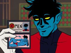 a cartoon character holding up a card with an image of a man's face on it