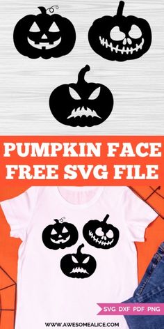 pumpkin face svg file is shown in three different colors and sizes, with the text pumpkin face free svg file