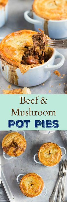 beef and mushroom pot pies with text overlay