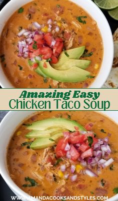 Creamy Chicken Taco Soup - Easiest taco soup recipe cooked on the stovetop with shredded chicken, pinto beans, tomato and corn in a creamy flavor packed soup finished with cilantro and lime juice. Creamy Chicken Taco Soup, Taco Soup Recipe Easy, Easy Taco Soup, Taco Soup Recipe, Easy Chicken Thigh Recipes, Chicken Taco Soup, Chicken Breast Recipes Easy, Chicken Taco, Taco Soup