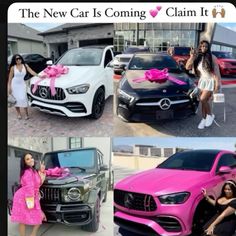 the new car is coming claim it with a pink ribbon and bow on its hood