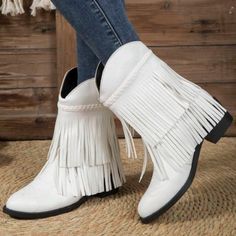 White Fringe Tassel Slip On Western Boots Slip On Low Heel 1.8 Inch Ankle Boots Upper Material: Pu Leather Lining Material: Fabric Insole Material: Fabric Outsole Material: Rubber White Low Heel Summer Boots, White Low Heel Boots For Summer, Western Summer Boots With Fringe, Western Fringe Boots For Summer, Western Style Fringe Boots For Spring, Spring Fringe Boots With Pointed Toe, Casual White Boots With Low Heel, Casual White Low Heel Boots, Combat Boots Plus Size