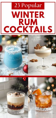 A cozy image featuring four winter rum cocktails: a frosty blue drink with coconut, a creamy gingerbread cocktail, a layered coffee rum drink, and a spiced rum old-fashioned with orange peel. Ideal for holiday drinks, seasonal rum recipes, and festive celebrations.