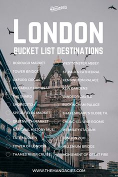 the london bucket list with birds flying over it