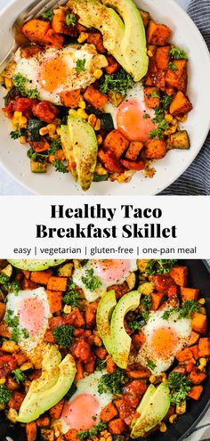 healthy taco breakfast skillet with eggs, avocado, and sweet potatoes