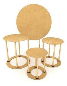 three wooden tables and two stools with circular bases on each side, set against a white background