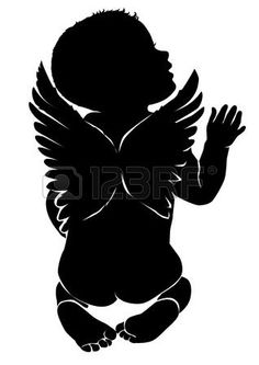 black and white silhouette of an angel sitting on his knees with hands up in the air