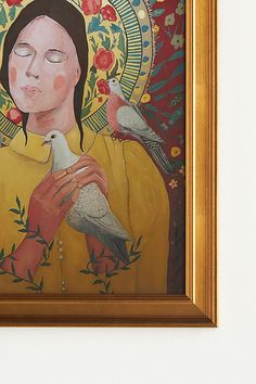 a painting of a woman with two birds on her hand