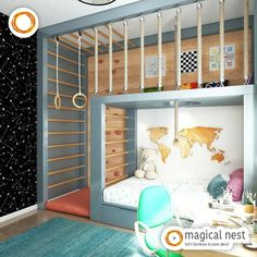 a child's bedroom with a bunk bed, desk and ladders on the wall